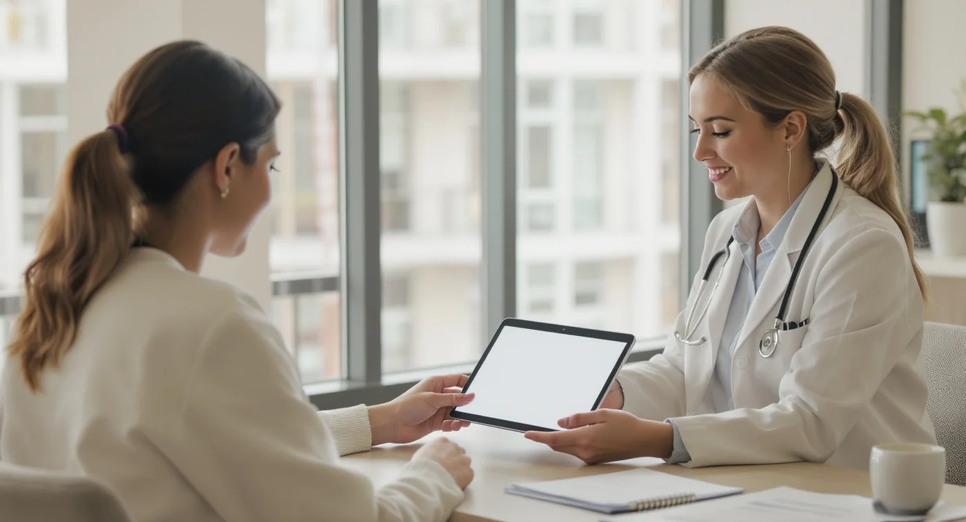 Prospective egg donor reviewing next-step questions in a private fertility consultation.