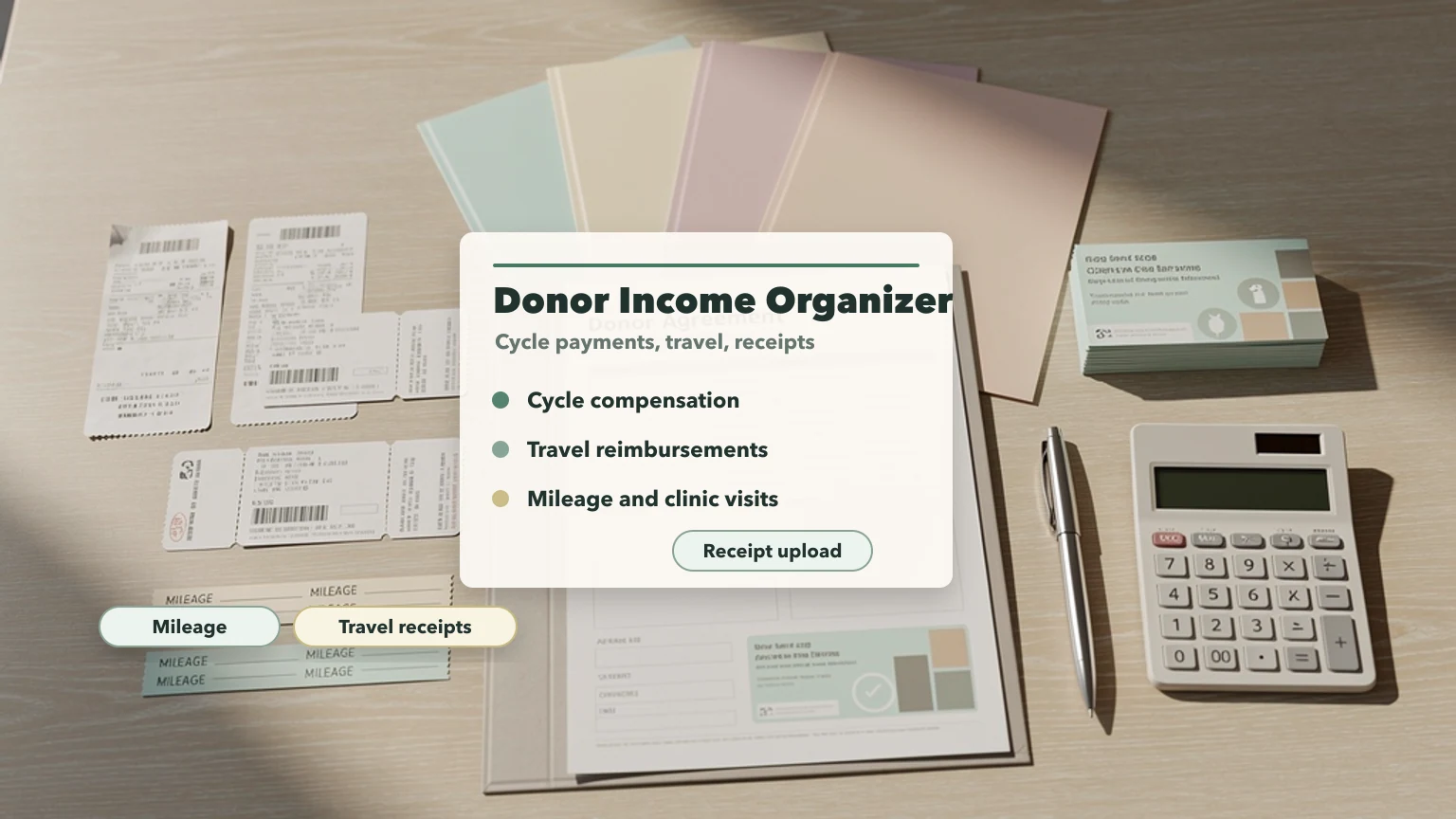 Egg donor income organizer desk with cycle compensation notes, travel reimbursements, mileage records, receipts, and calculator.