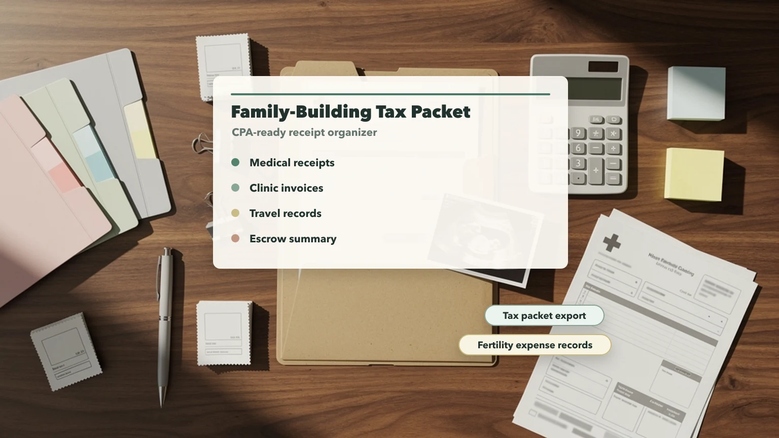 Family-building tax packet desk with medical receipts, clinic invoices, travel records, escrow summary, calculator, and fertility expense documents.