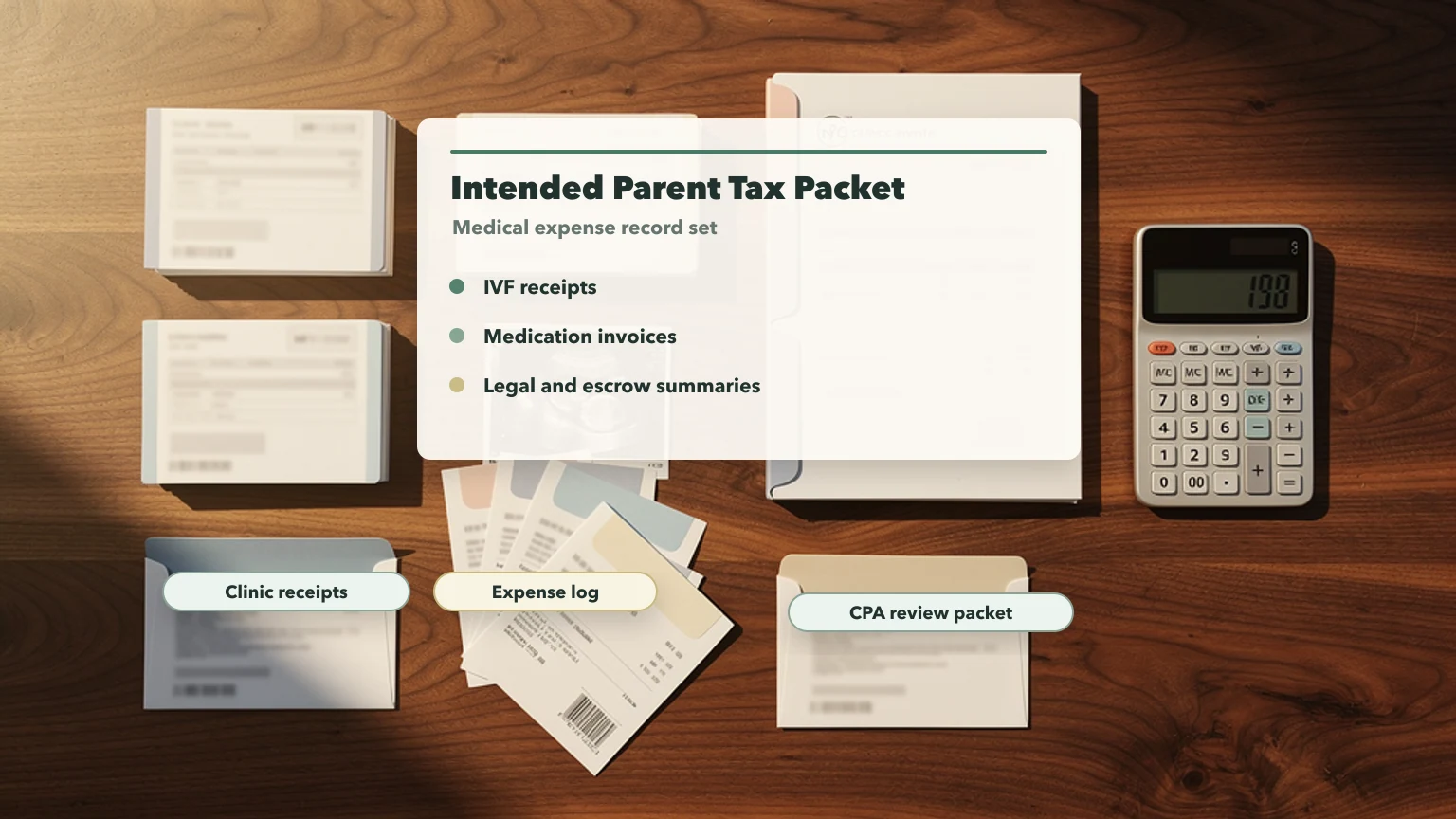 Intended parent tax packet with IVF receipts, medication invoices, legal and escrow summaries, clinic records, and CPA review folder.