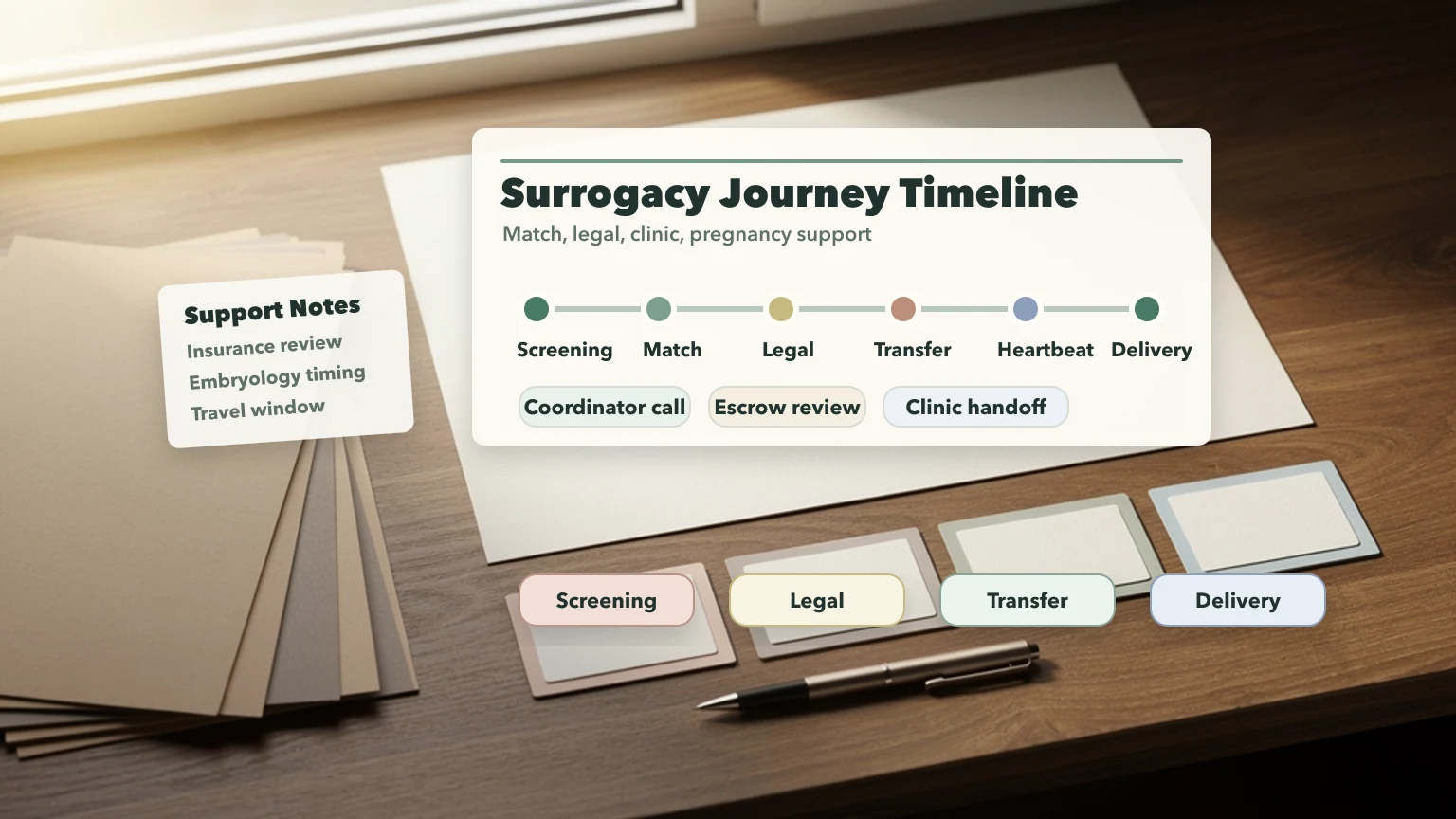 Surrogacy journey timeline planning board with screening, match, legal, transfer, heartbeat, and delivery stages.