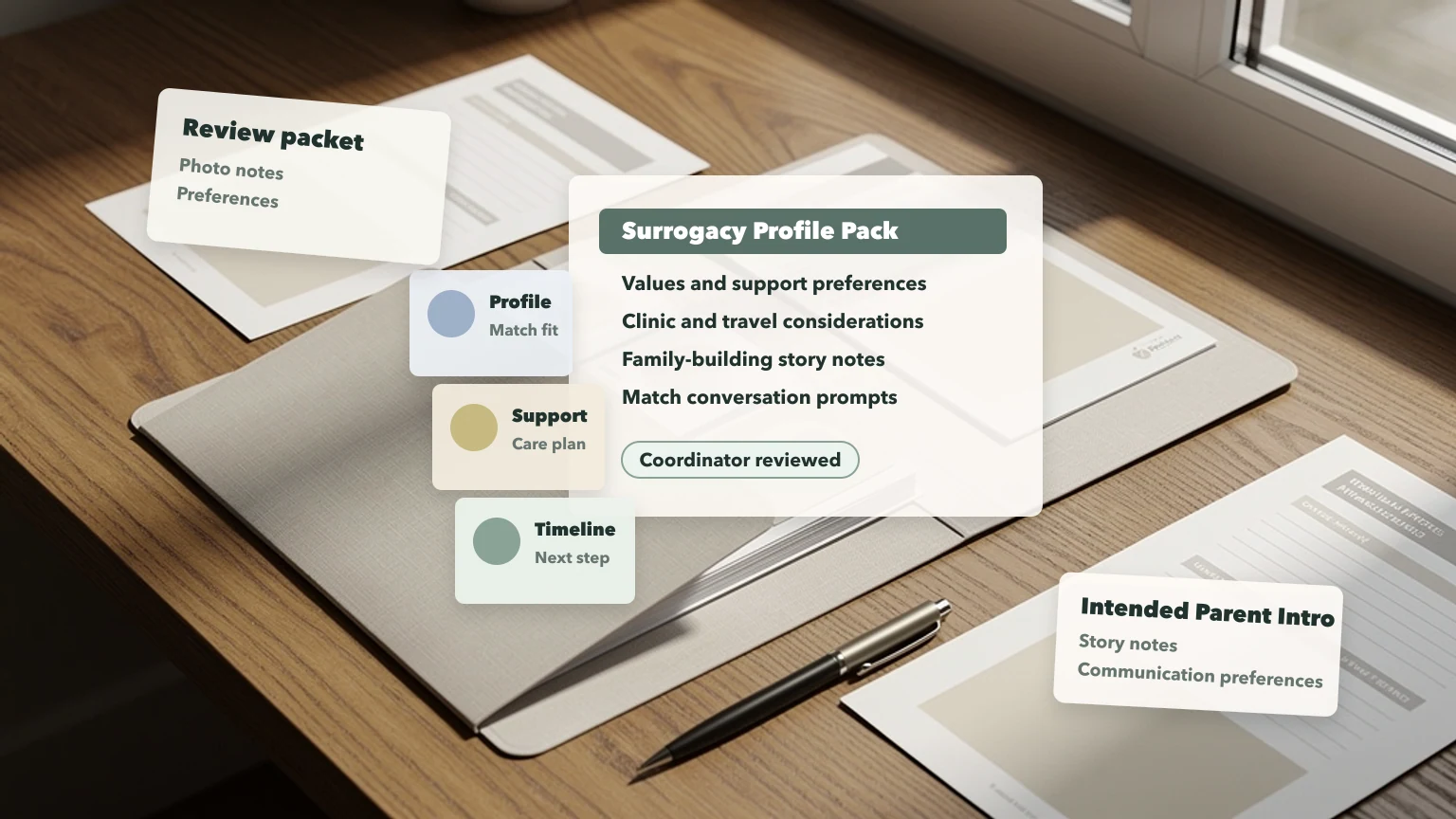 Surrogacy profile pack showing values, clinic considerations, match prompts, and coordinator review cards.