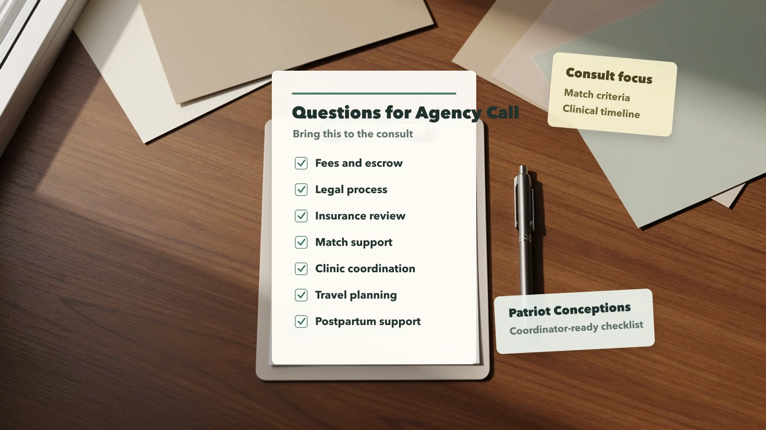 Surrogacy agency consultation checklist covering fees, legal process, insurance, match support, clinic coordination, travel, and postpartum support.