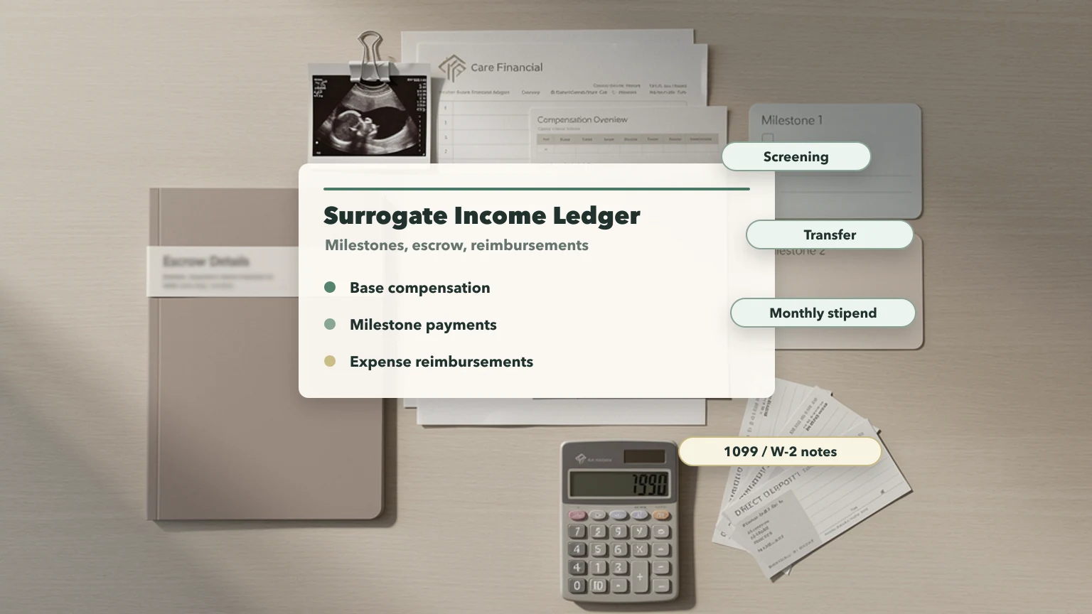 Surrogate income ledger with compensation milestones, escrow tracking, reimbursement notes, calculator, and agency finance documents.