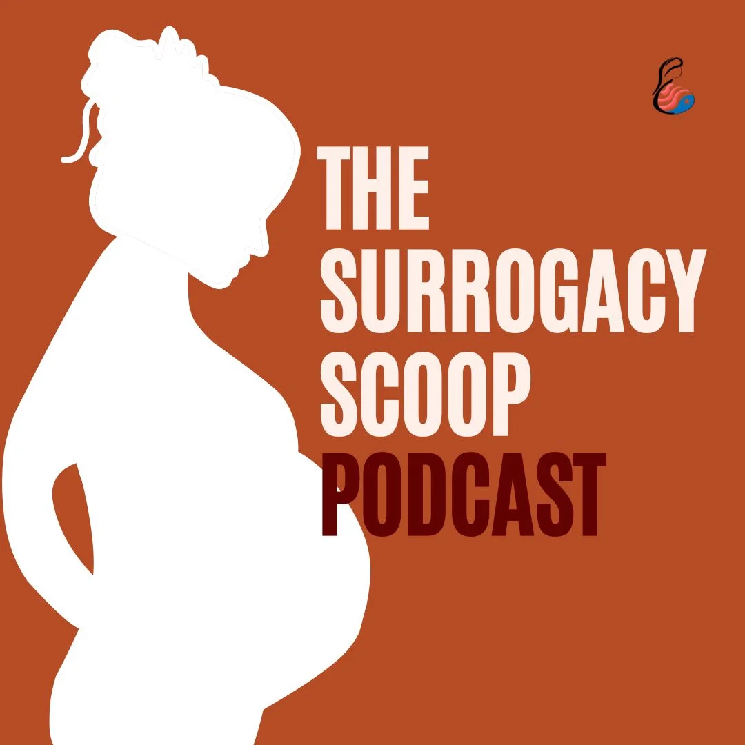 The Surrogacy Scoop podcast cover with a pregnant silhouette on a rust background