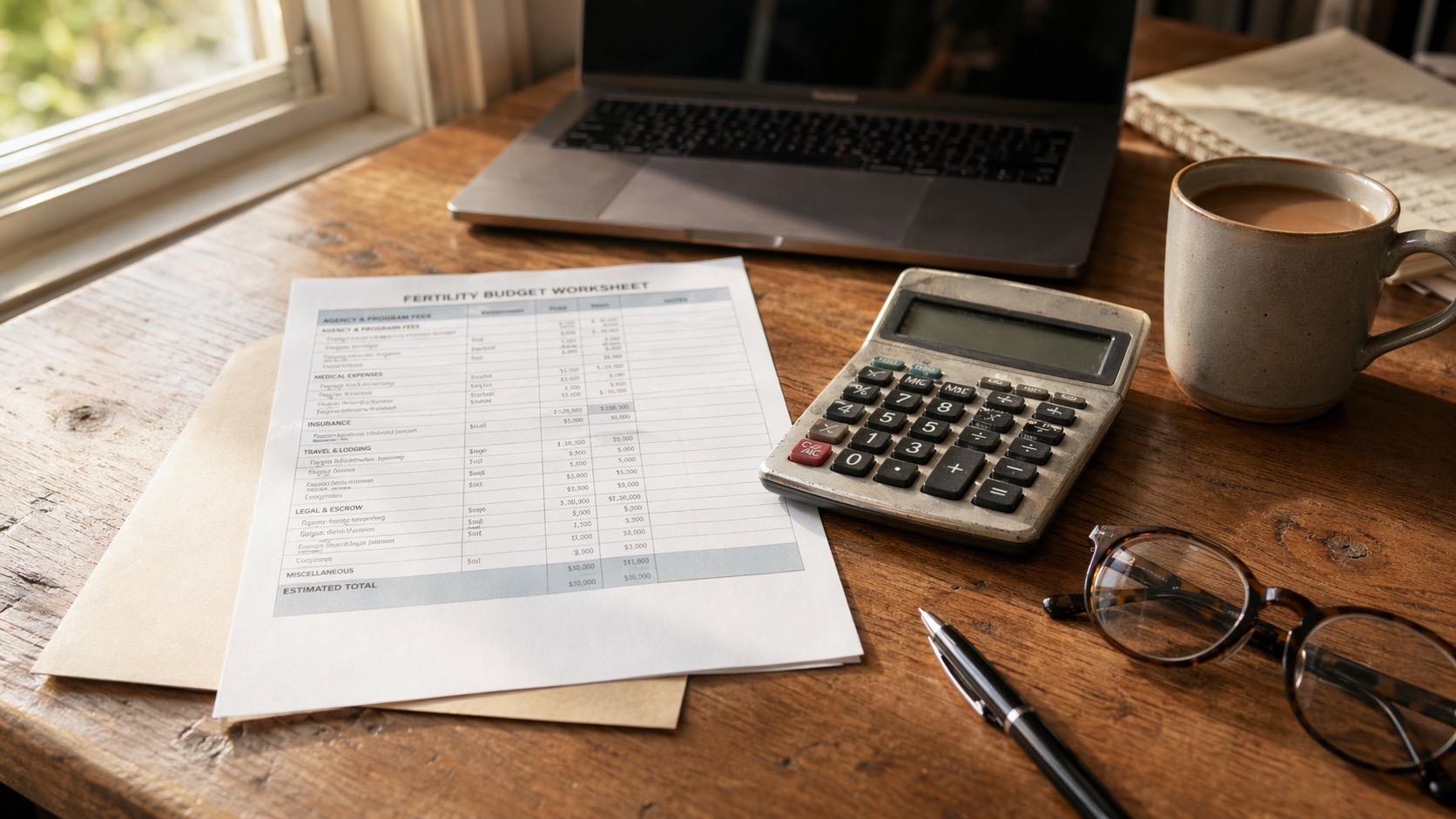 Budget worksheet, calculator, and notes for fertility insurance and cost planning.