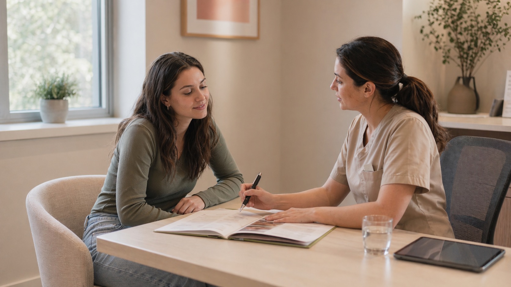 Prospective egg donor meeting with a coordinator in a bright fertility clinic.