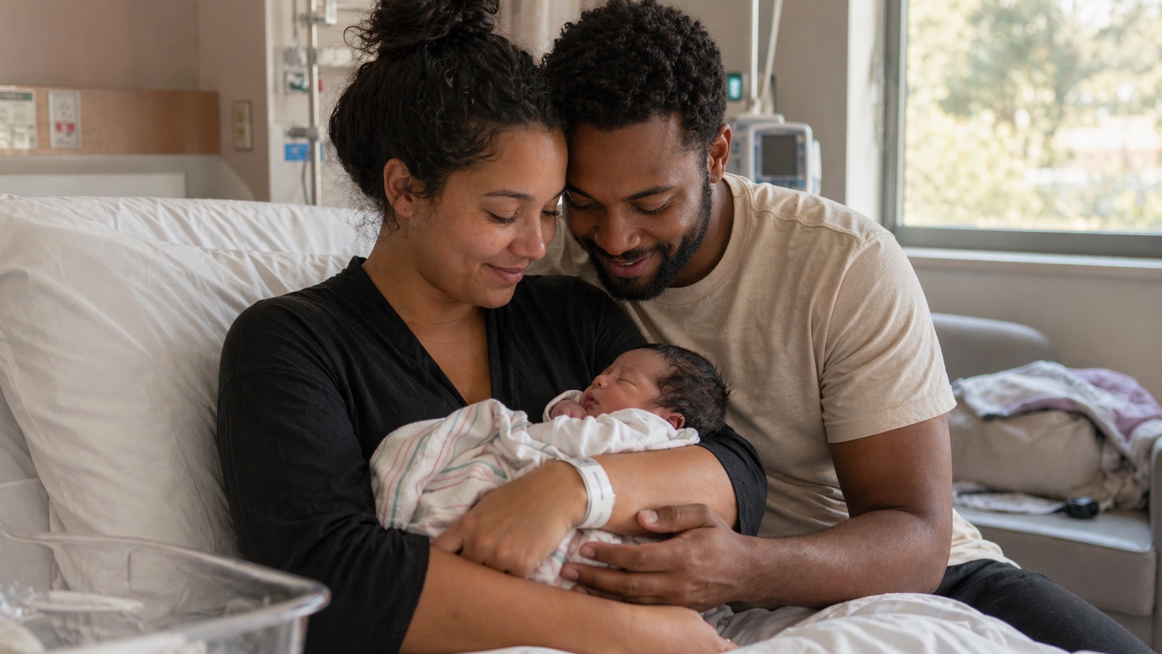 New parents holding their newborn in a hospital room after delivery.