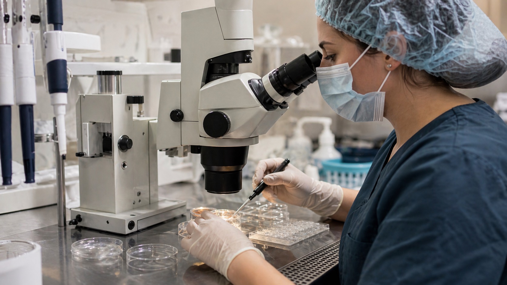 Embryologist working beside a microscope in a fertility laboratory.