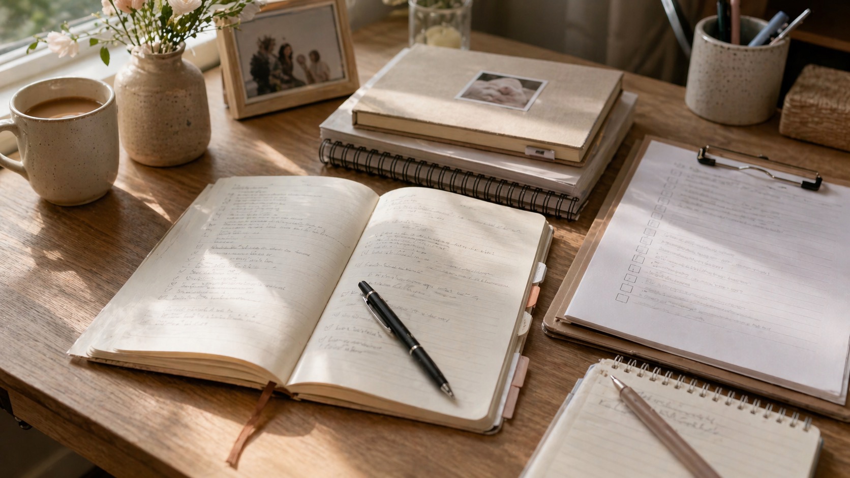 Open notebook, tablet, and keepsake materials on a desk for a surrogacy memory tool.