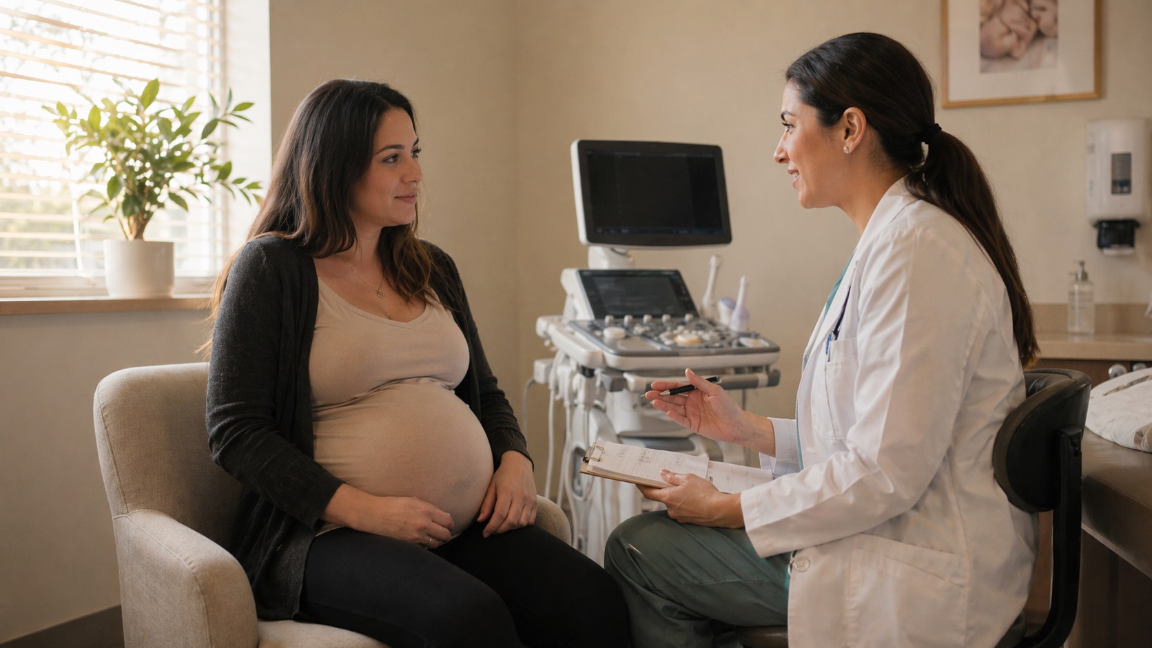 Prenatal checkup with a clinician and patient in a fertility clinic exam room.