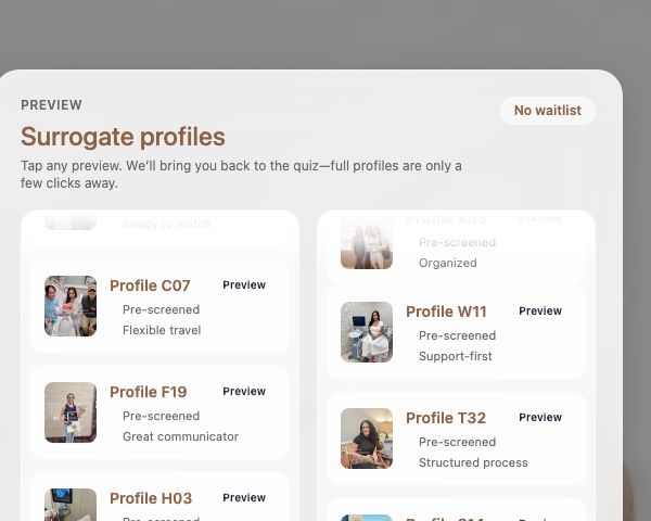 Patriot Conceptions surrogate profile preview cards on the website.