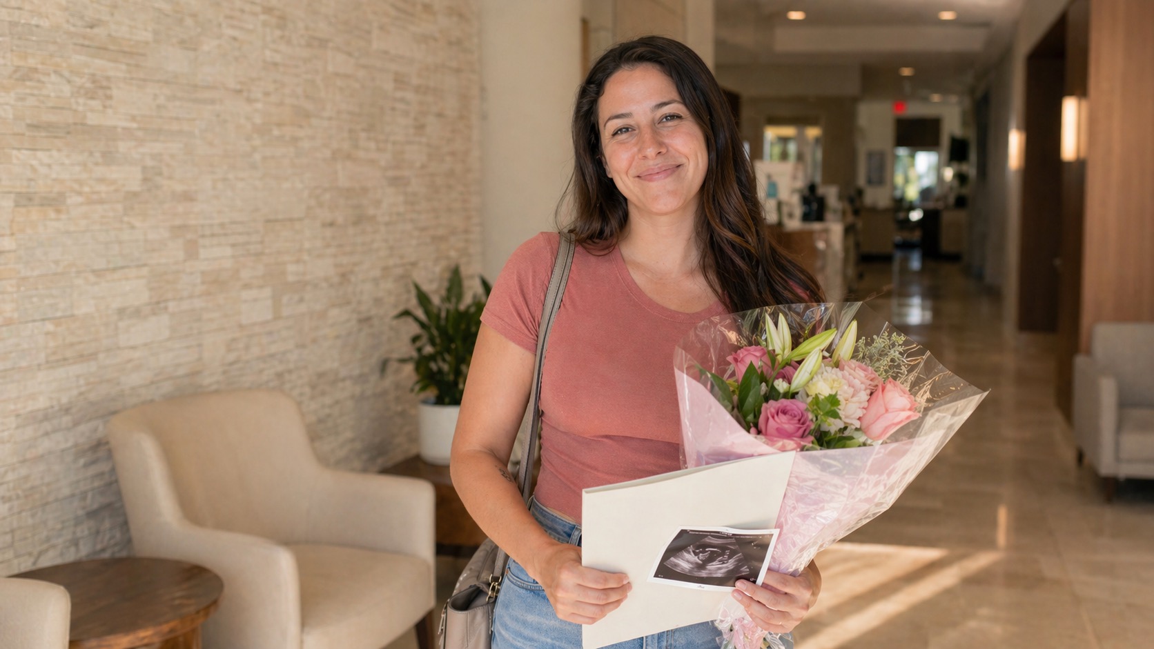 Surrogate mother leaving a fertility clinic with flowers and an ultrasound photo.