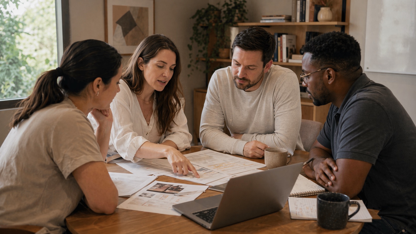 Research team reviewing data and source materials at a meeting table.